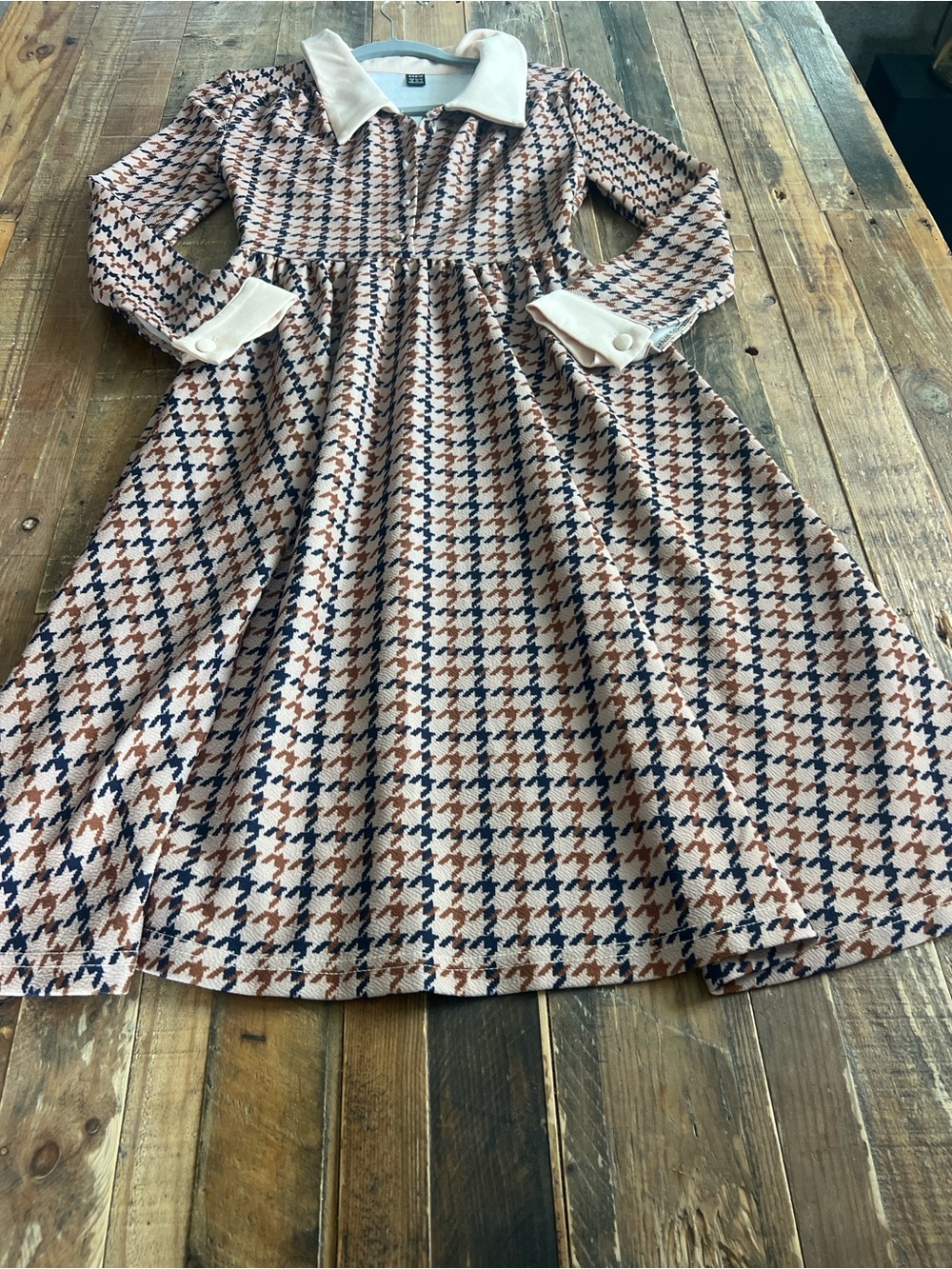 Navy Brown Houndstooth Long Sleeve Dress with Cream Collar